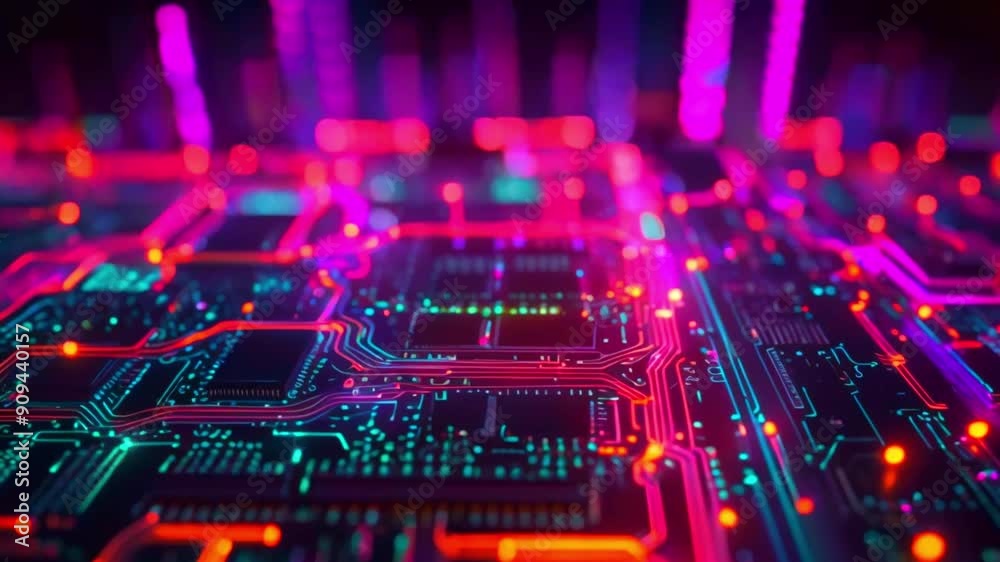 Abstract close-up of a circuit board with glowing red and blue lines. Abstract close-up of a circuit board with glowing red and blue lines.