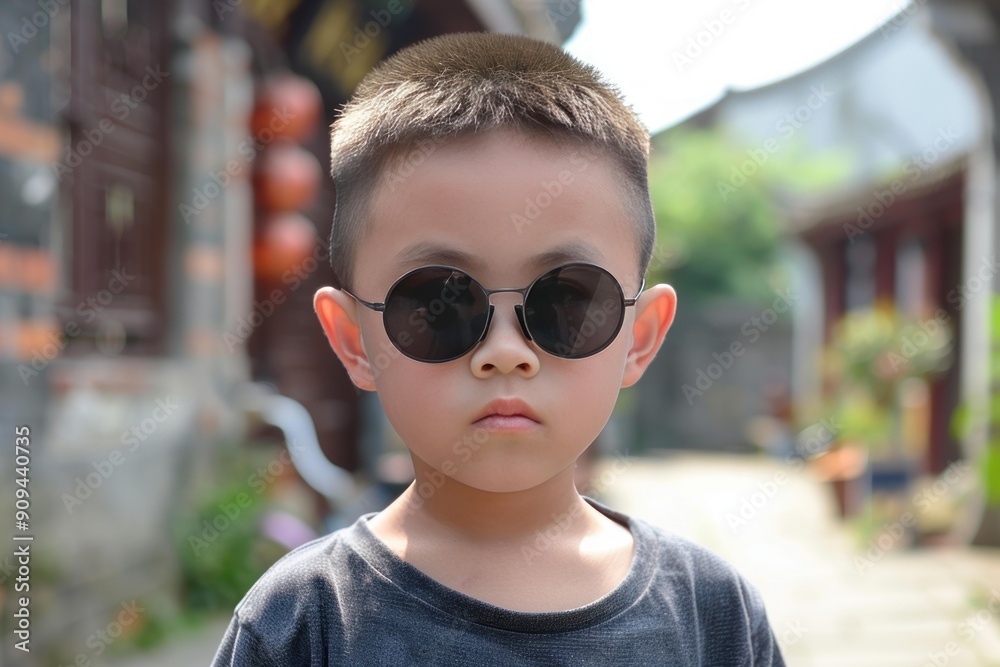 Young boy with a serious expression wearing sunglasses and a gray shirt, standing outdoors in front of a blurred background Young boy with a serious expression wearing sunglasses and a gray shirt, standing outdoors in front of a blurred background