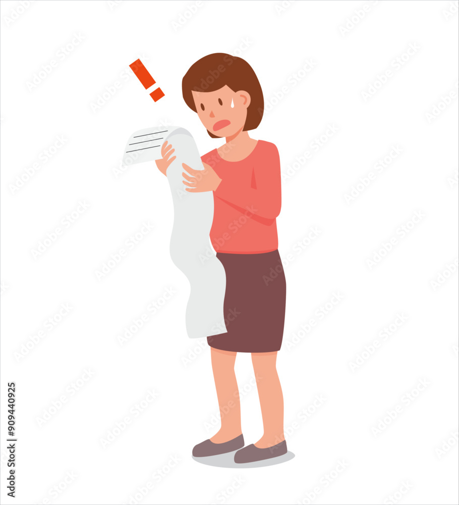 Woman with surprised or shocked expression looking at expensive large bill Woman with surprised or shocked expression looking at expensive large bill