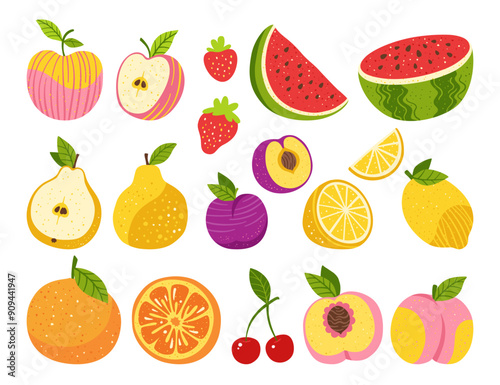 Fruits or berries hand drawn cartoon set. Sliced citrus lemon orange, apple, pear, watermelon peach fruits, trendy art with texture. Juicy strawberry plum cherry doodle drawn. Food vector illustration