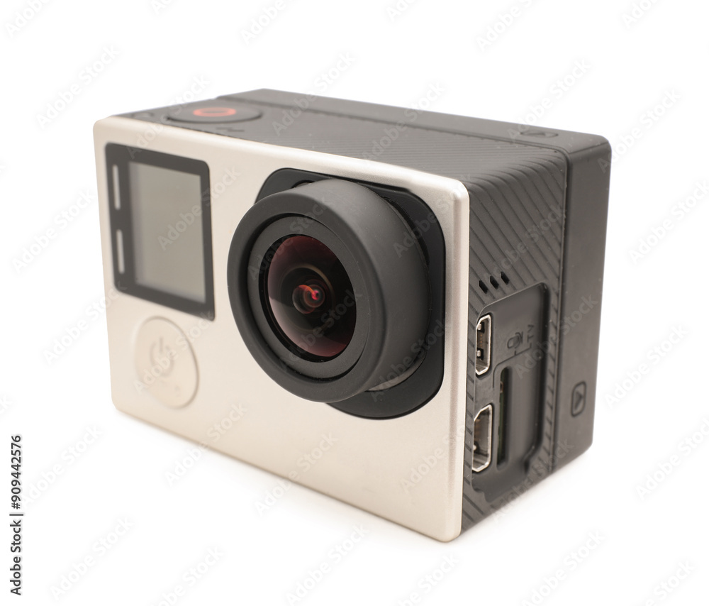 One modern action camera isolated on white One modern action camera isolated on white