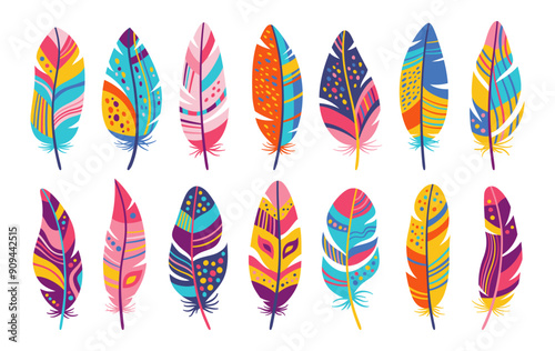 Feather cartoon fantasy set. Colorful stylized bird feathers with ethnic boho folk ornamental patterns. Elegant design decorated birds feathers, abstract naive art. Flat isolated vector illustration