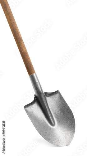 Metal shovel with wooden handle isolated on white