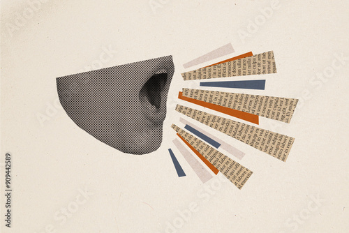 Creative trend collage of female head talking mouth speech news announce communication weird freak bizarre unusual fantasy