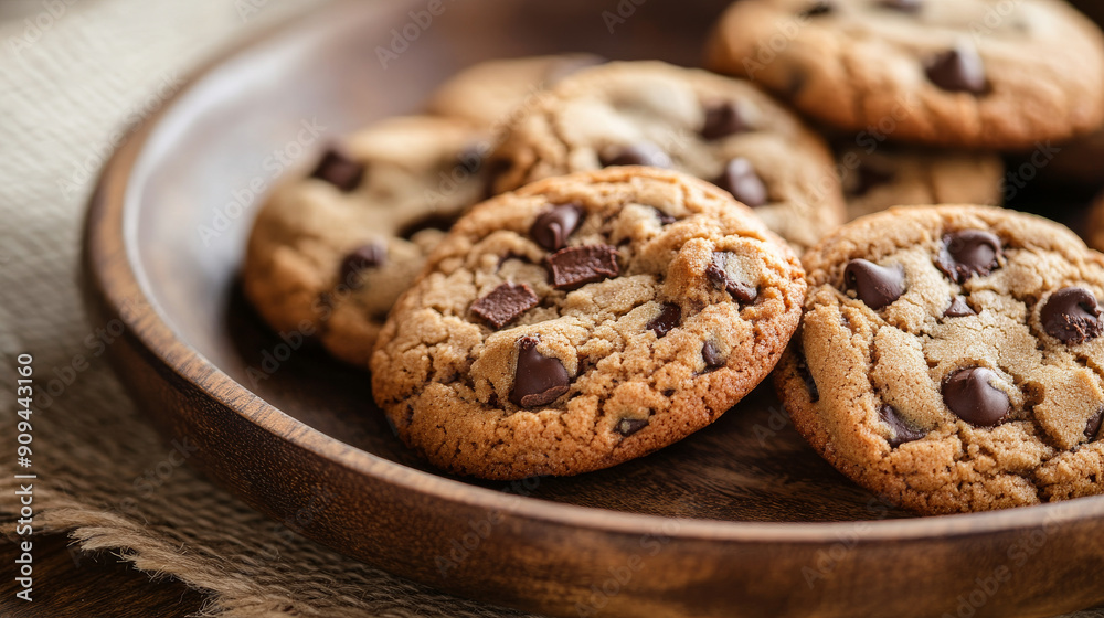Chocolate chip cookies on wooden plate, close-up view. Homemade baking and dessert concept Chocolate chip cookies on wooden plate, close-up view. Homemade baking and dessert concept