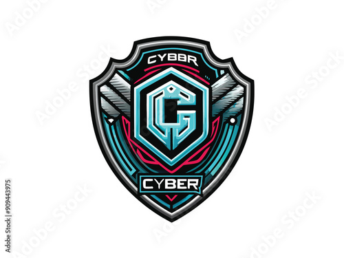 A futuristic, colorful monogram, stylized with a bold letter "G" enclosed in a shield shape with "CYBER"  written in a dynamic font.