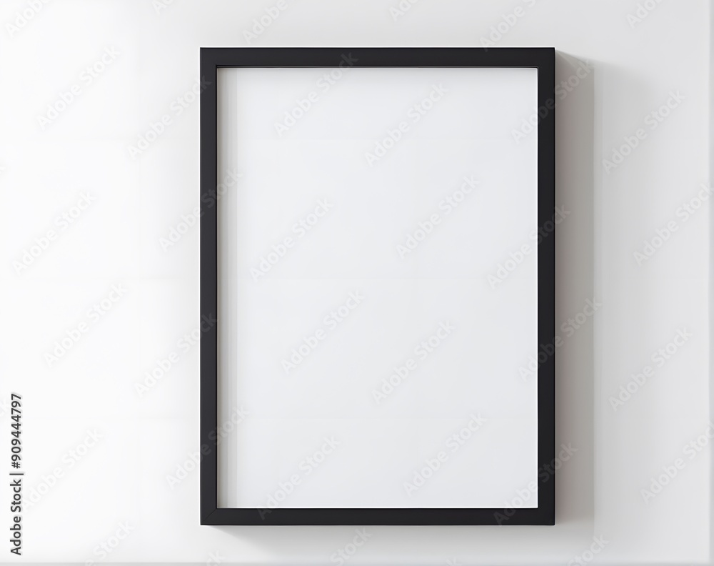 Black vertical frame hanging on a white wall mockup