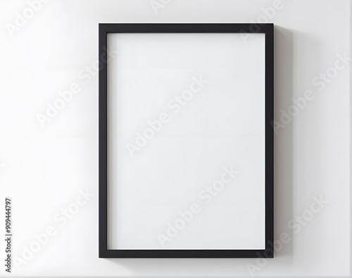 Black vertical frame hanging on a white wall mockup
