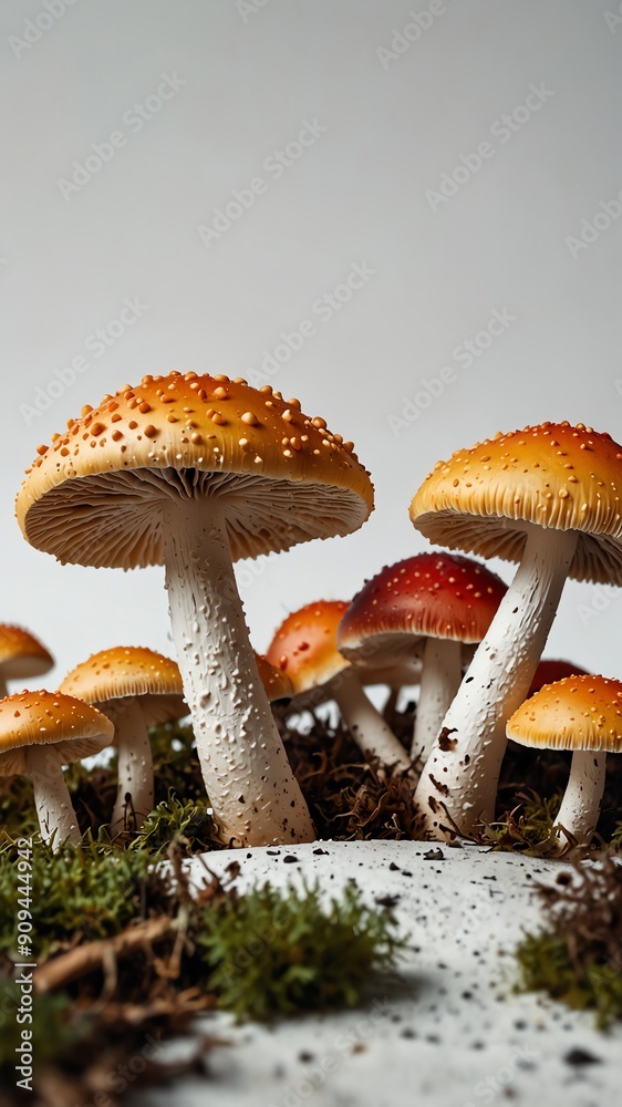 mushrooms on plain white background abstract ad concept copy space mushrooms on plain white background abstract ad concept copy space