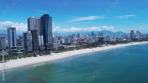 far view of My Khe beach in Vietnam with the coastline of city Da Nang