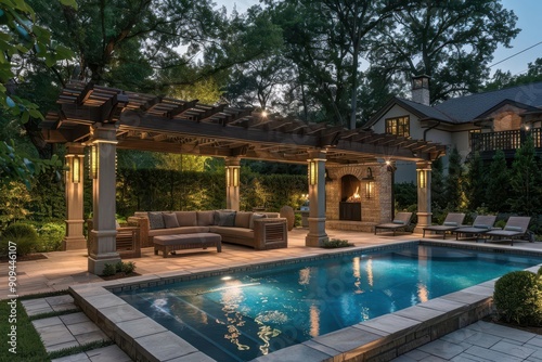 Wallpaper Mural luxurious poolside oasis elegant outdoor furniture beneath a rustic pergola surrounded by lush landscaping soft ambient lighting creates a tranquil atmosphere as the sun sets Torontodigital.ca