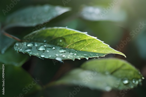 A close-up of dew-covered leaves in the early morning light, highlighting the freshness and beauty of nature. Minimal and Simple, Generative AI