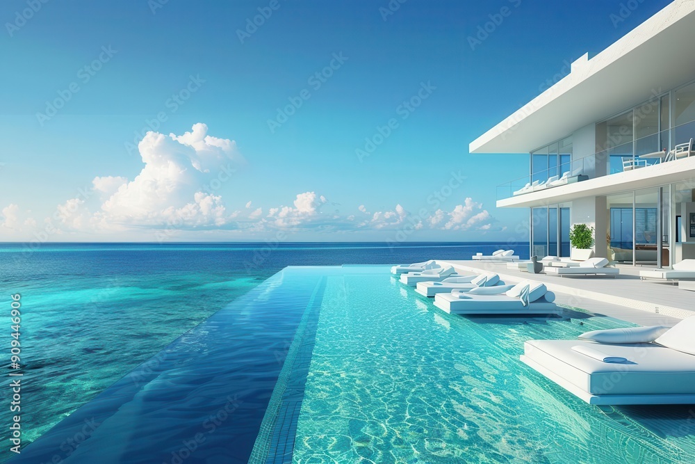 Fototapeta premium luxurious white beach hotel with infinity pool merging seamlessly with ocean horizon sundrenched deck adorned with sleek loungers epitomizing tropical opulence and relaxation