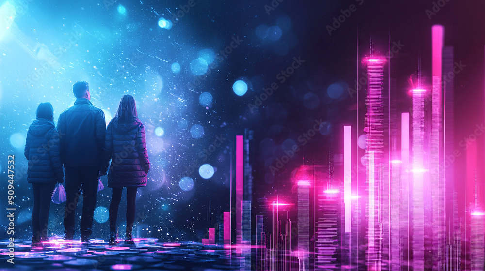 A group of three people are standing on a bridge looking at a city skyline. The sky is blue and the city is lit up with pink and purple lights. Scene is one of wonder. A group of three people are standing on a bridge looking at a city skyline. The sky is blue and the city is lit up with pink and purple lights. Scene is one of wonder.