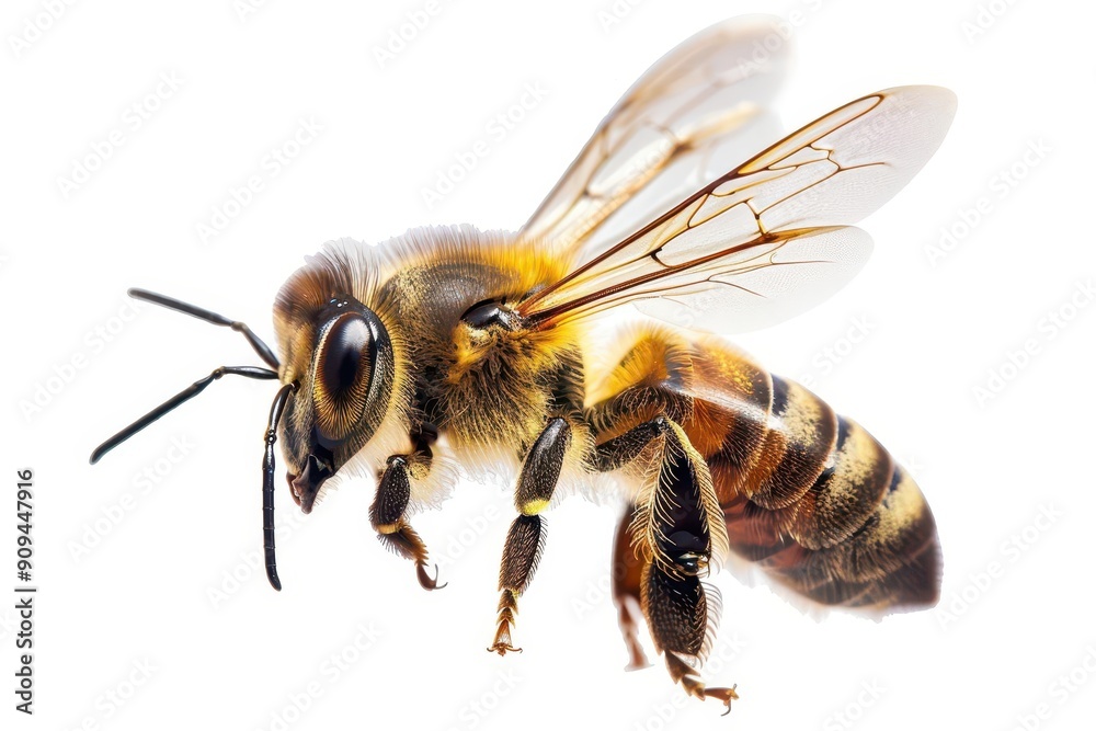 macro photography of honeybee in flight wings spread pollencovered highspeed capture crisp details soft white background macro photography of honeybee in flight wings spread pollencovered highspeed capture crisp details soft white background