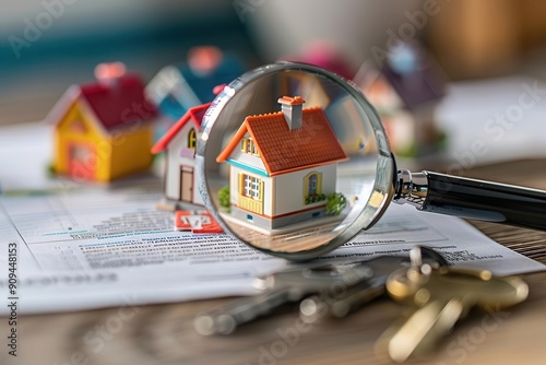 magnifying glass hovering over miniature houses emphasizing property search concept soft focus background with real estate documents and keys suggest comprehensive homebuying process photo