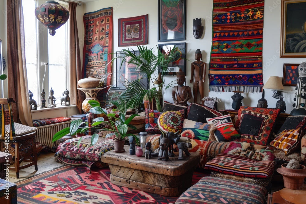 Global traveler's living room with exotic textiles, tribal masks, and travel souvenirs. Global traveler's living room with exotic textiles, tribal masks, and travel souvenirs.