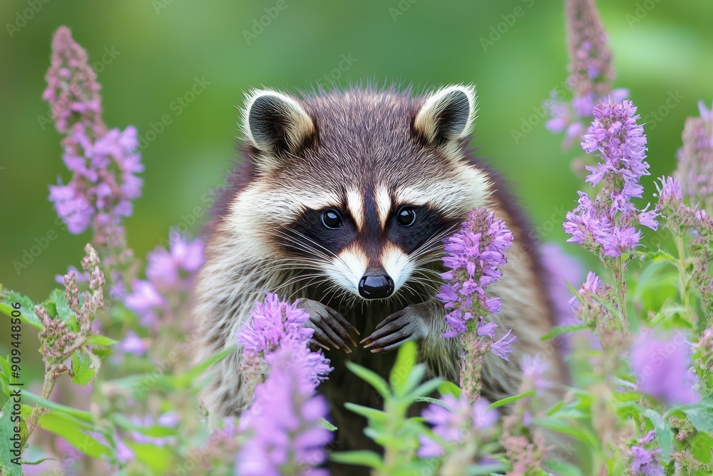 Raccoon Among Purple Wildflowers in a Lush Meadow During Spring Raccoon Among Purple Wildflowers in a Lush Meadow During Spring