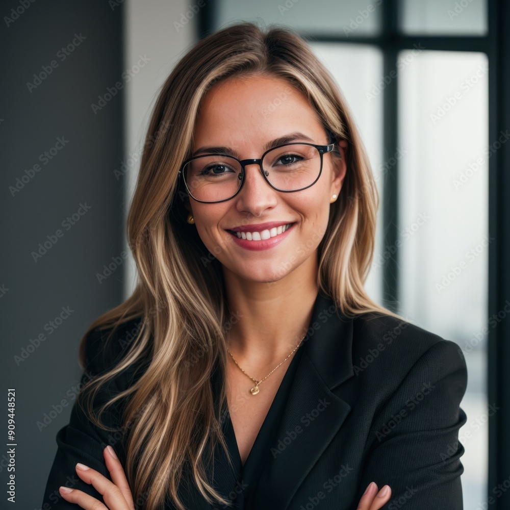 Woman in glasses and black blazer smiling confidently Woman in glasses and black blazer smiling confidently