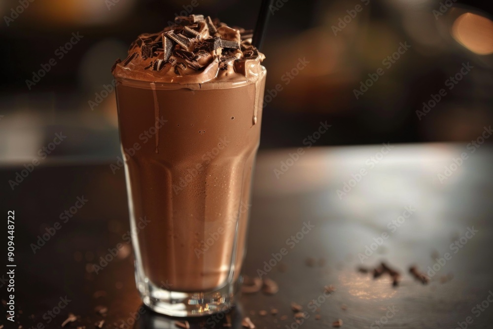 Chocolate milkshake standing on a bar with chocolate shavings on top and on the bar, with a blurred background Chocolate milkshake standing on a bar with chocolate shavings on top and on the bar, with a blurred background