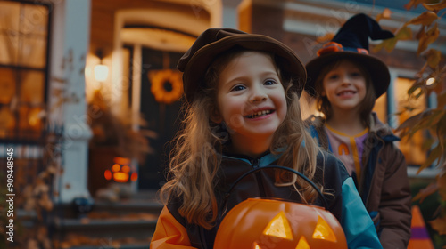 Happy kids wearing Halloween costumes. Kids holding candy buckets walk to a house for trick or threat.