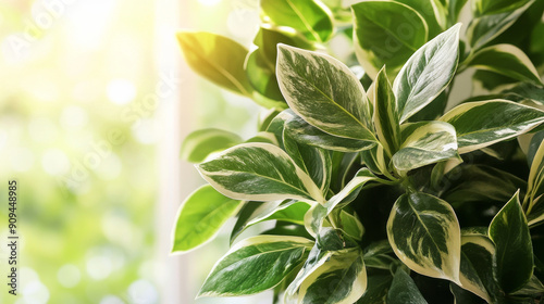 Green and white variegated leaves of a houseplant with sunlight, nature scene. Indoor gardening and plant care concept