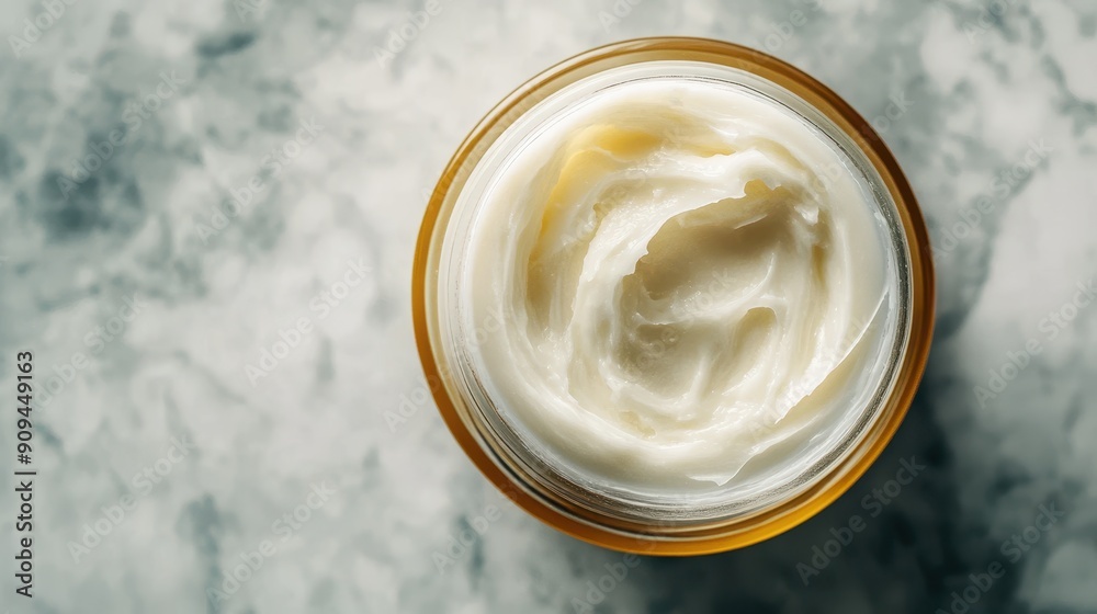 Overhead view of waterless cream jar for organic skincare routine Overhead view of waterless cream jar for organic skincare routine