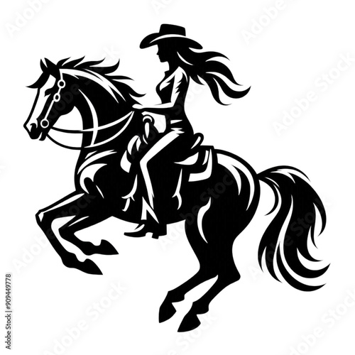 A woman is riding a horse in a western style. The horse is running and the woman is wearing a cowboy hat