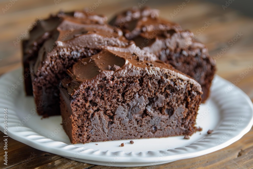 Chocolate cake slices with chocolate frosting laying on white plate Chocolate cake slices with chocolate frosting laying on white plate