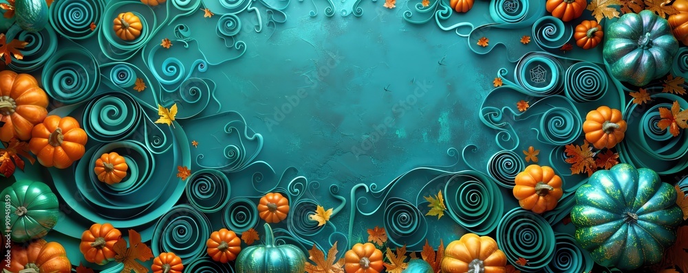 Bold Halloween Emerald swirls with rich colors and pumpkins, clear space for text Bold Halloween Emerald swirls with rich colors and pumpkins, clear space for text
