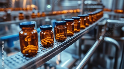 Pharmaceutical manufacturing facility showcasing rows of medicine bottles