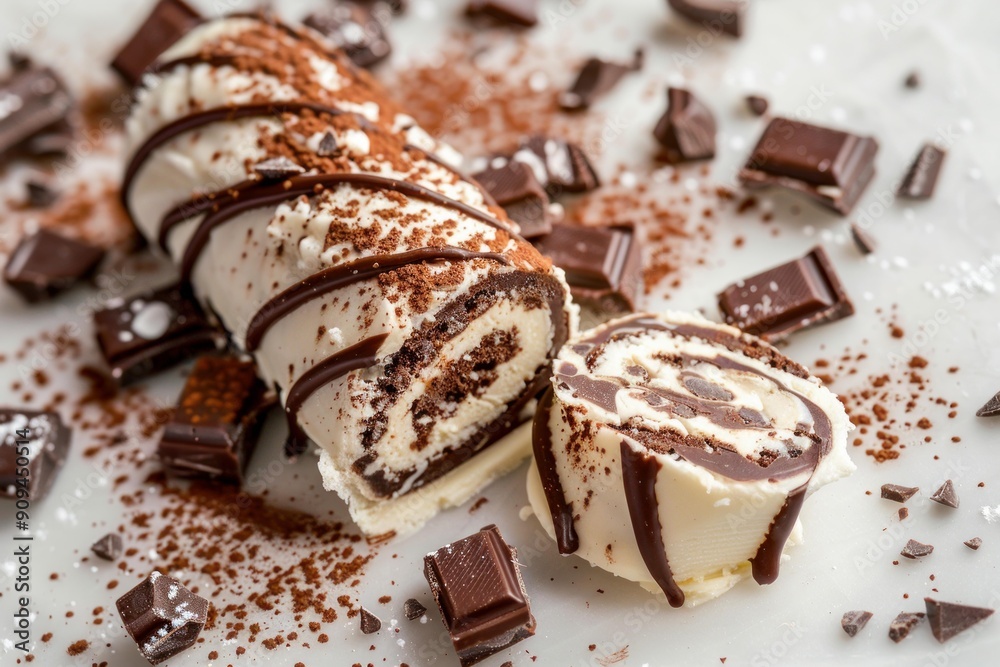 Chocolate swiss roll cake being sliced on a marble surface dusted with cocoa powder and chocolate pieces Chocolate swiss roll cake being sliced on a marble surface dusted with cocoa powder and chocolate pieces