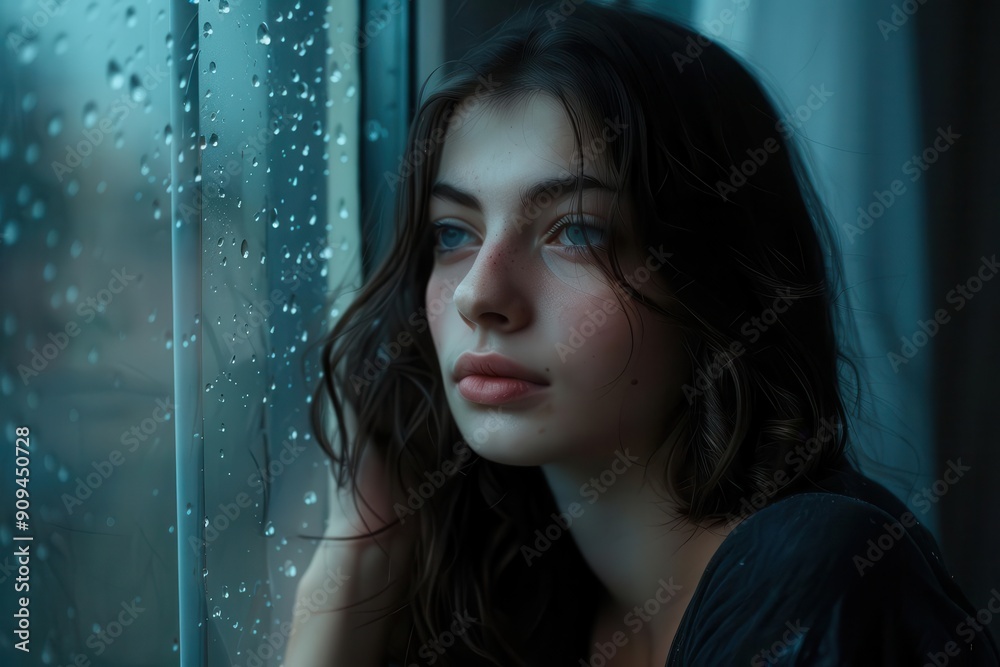 melancholic portrait of a young woman gazing out a rainstreaked window soft natural light accentuating her pensive expression and creating a mood of introspection melancholic portrait of a young woman gazing out a rainstreaked window soft natural light accentuating her pensive expression and creating a mood of introspection