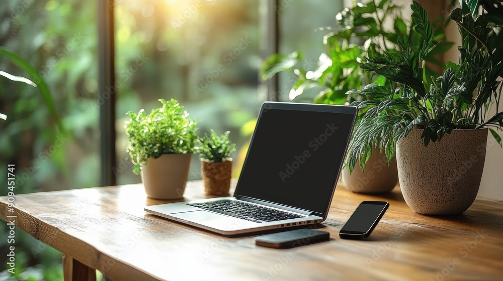 A clean and organized desk with a laptop, smartphone, and plants, highlighting a balanced work environment A clean and organized desk with a laptop, smartphone, and plants, highlighting a balanced work environment