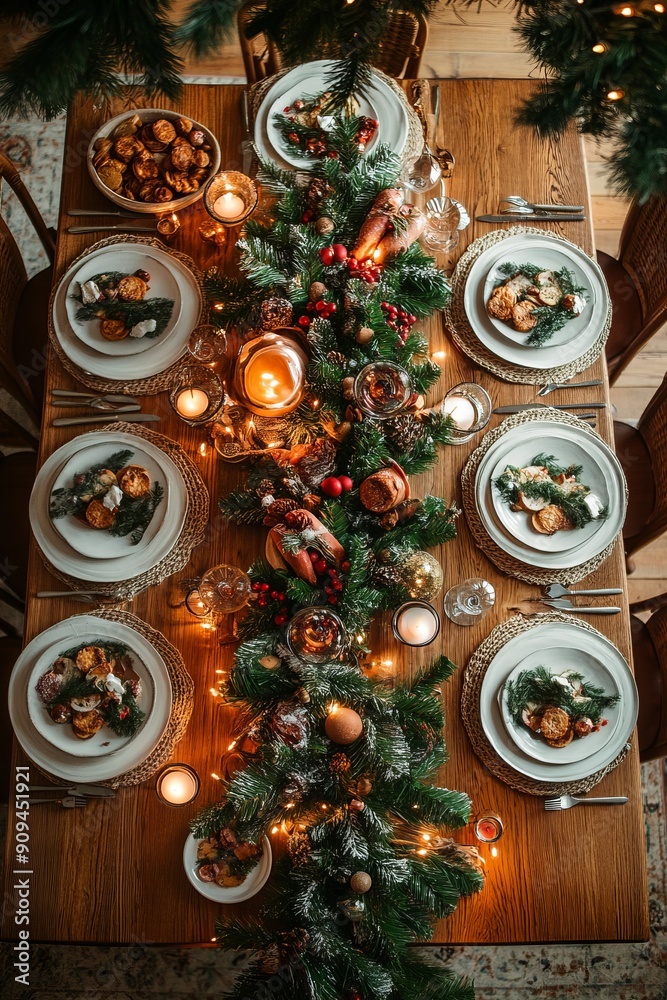 Overhead view of table during Christmas dinner -- Overhead view of table during Christmas dinner --
