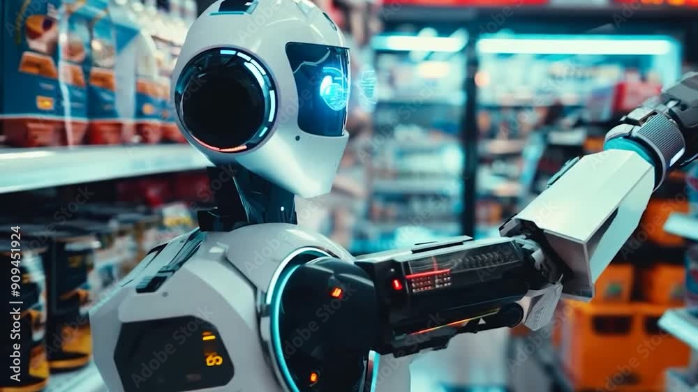 A sleek, humanoid robot interacts with customers while navigating a modern grocery store, showcasing technology enhancing shopping experiences A sleek, humanoid robot interacts with customers while navigating a modern grocery store, showcasing technology enhancing shopping experiences