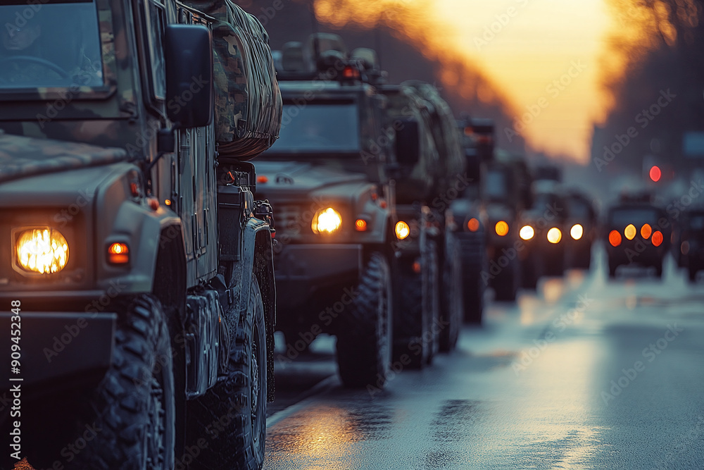 Photograph of a Military Convoy Moving Through a City: Highlighting troop movements. Photograph of a Military Convoy Moving Through a City: Highlighting troop movements.