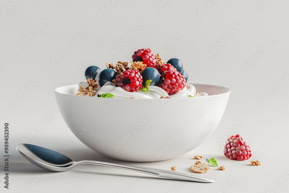 A bowl of yogurt with granola, blueberries, raspberries and mint leaves. A bowl of yogurt with granola, blueberries, raspberries and mint leaves.