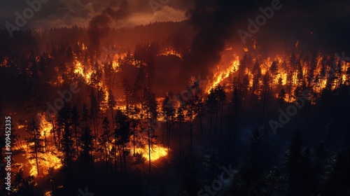 Aerial View of a Forest Fire at Night