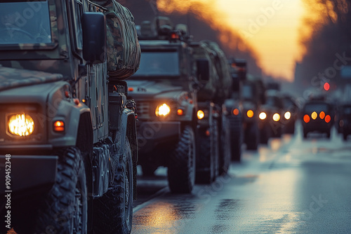 Photograph of a Military Convoy Moving Through a City: Highlighting troop movements. photo