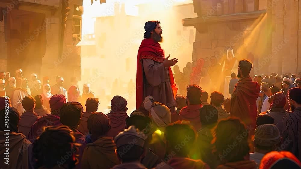 A religious leader addresses a captivated crowd in an ancient city as the sun sets, casting a warm glow on the gathering A religious leader addresses a captivated crowd in an ancient city as the sun sets, casting a warm glow on the gathering