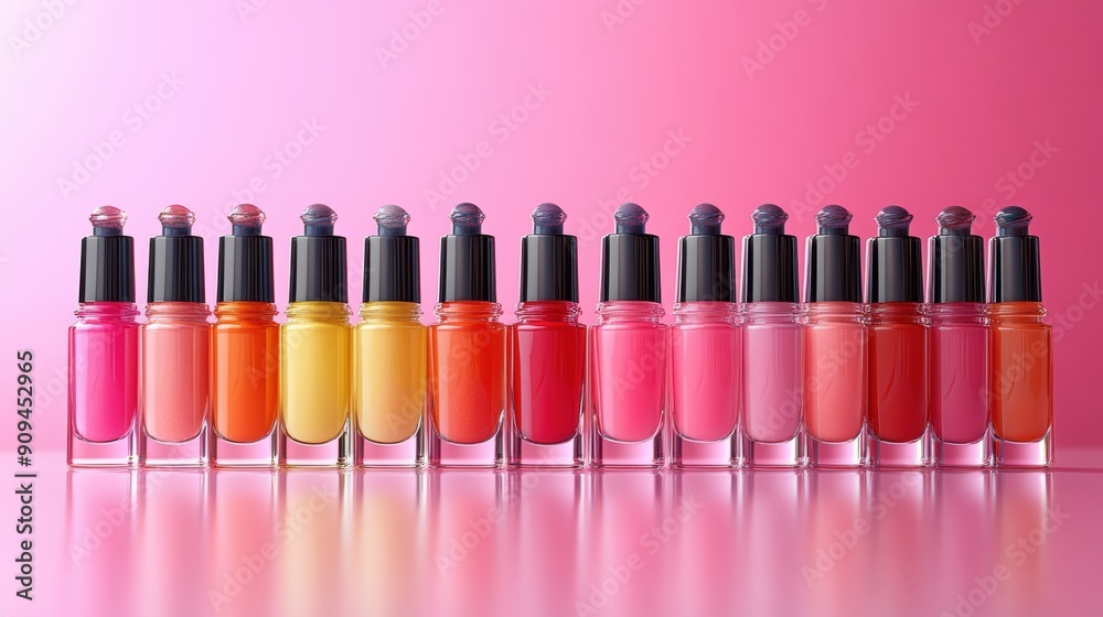 A dazzling lineup of nail polish bottles in a gradient of bright and pastel colors, capturing the essence of style A dazzling lineup of nail polish bottles in a gradient of bright and pastel colors, capturing the essence of style