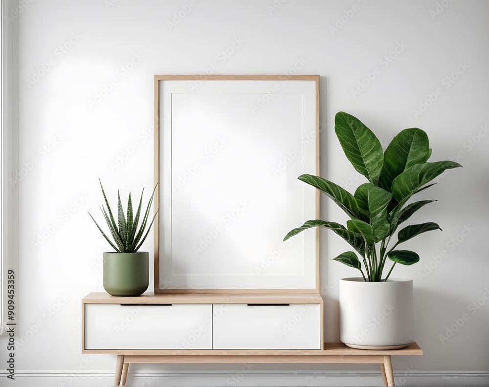 A 3D rendering of a white room with a blank frame mockup and a plant A 3D rendering of a white room with a blank frame mockup and a plant