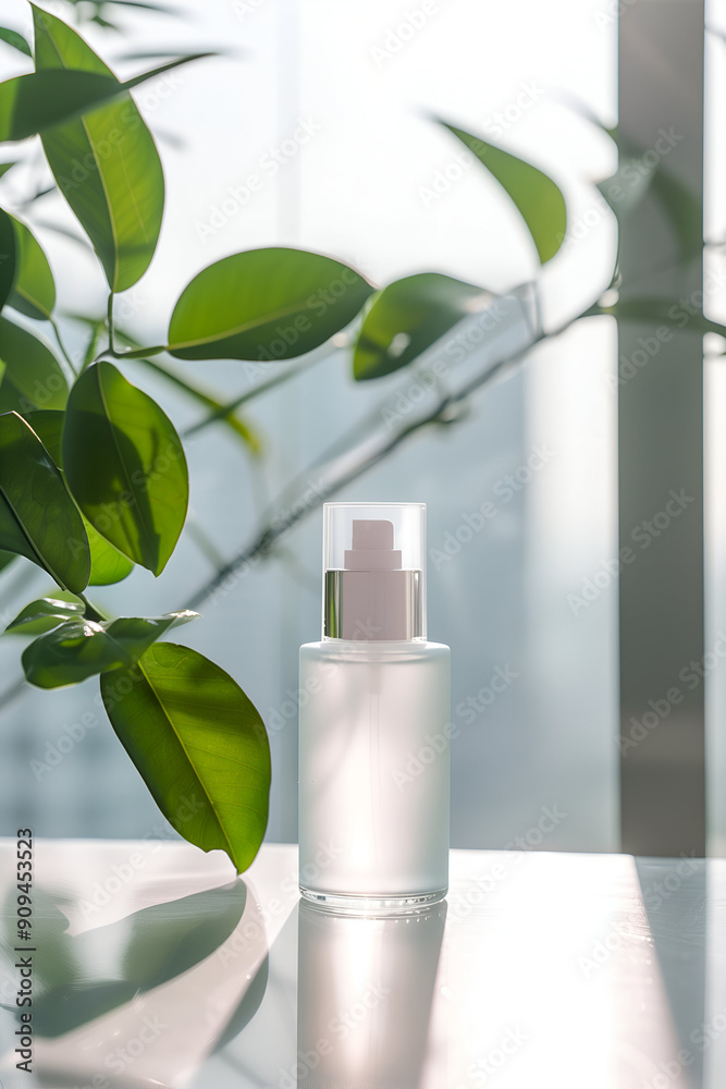Minimalist Glass Skincare Bottle on White Table with Greenery Background