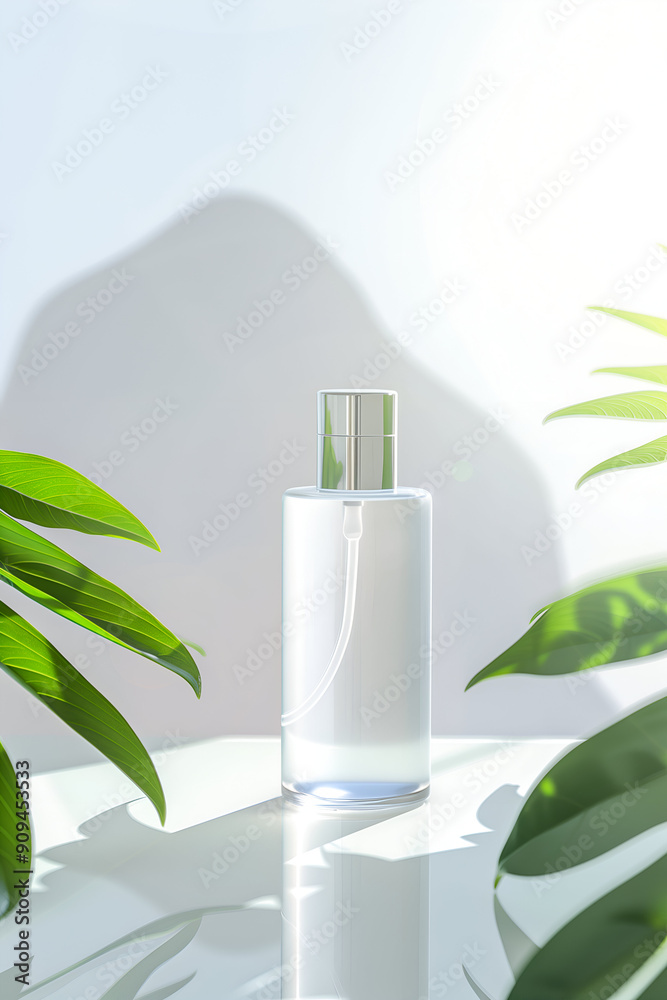 Minimalist Glass Skincare Bottle on White Table with Greenery Background Minimalist Glass Skincare Bottle on White Table with Greenery Background