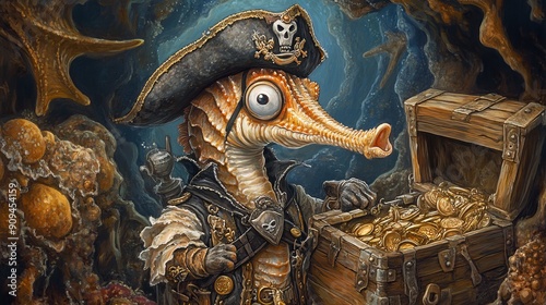 A seahorse dressed as a pirate exploring an underwater treasure chest