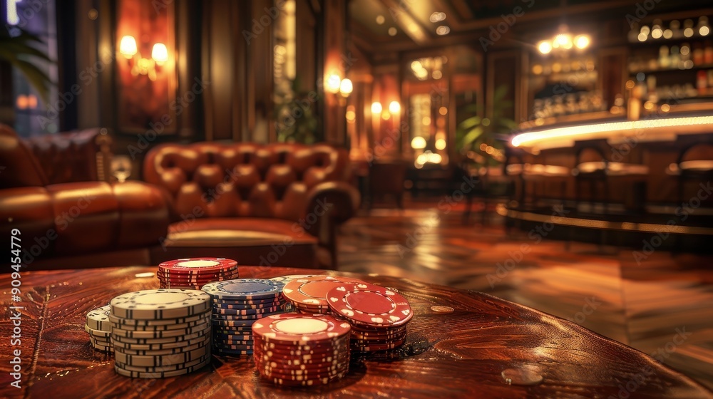 Stacks of poker chips on a wooden table in a dimly lit casino setting. Stacks of poker chips on a wooden table in a dimly lit casino setting.