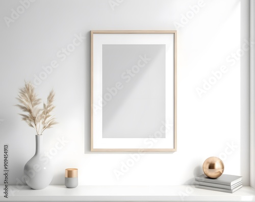 Modern decorative vase and frame mockup on white wall