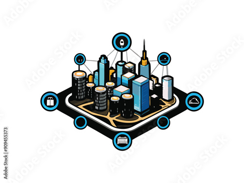 Illustration of a smart city skyline with interconnected buildings and icons representing technology.