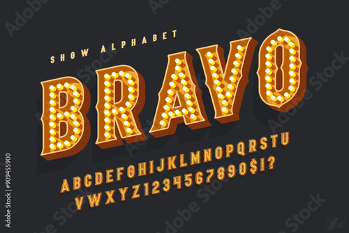 Retro circus alphabet design, cabaret, fairy LED lamps letters and numbers.